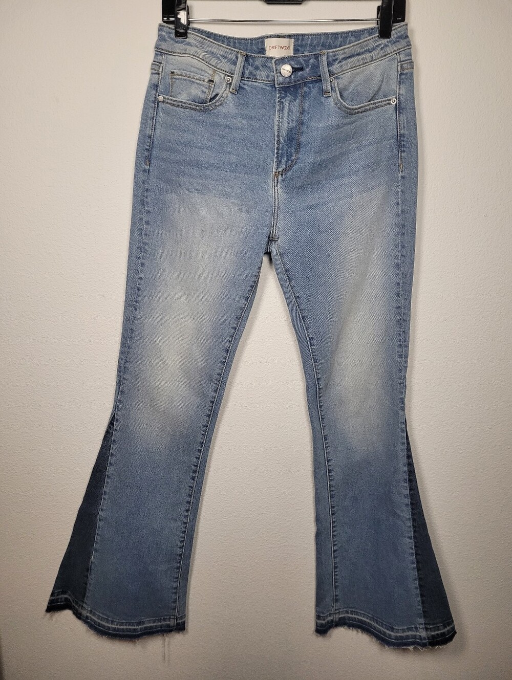 Driftwood Farrah Flare Jeans W28 L32 Two Tone Side Panel Raw Hem Bell Bottom 70s
